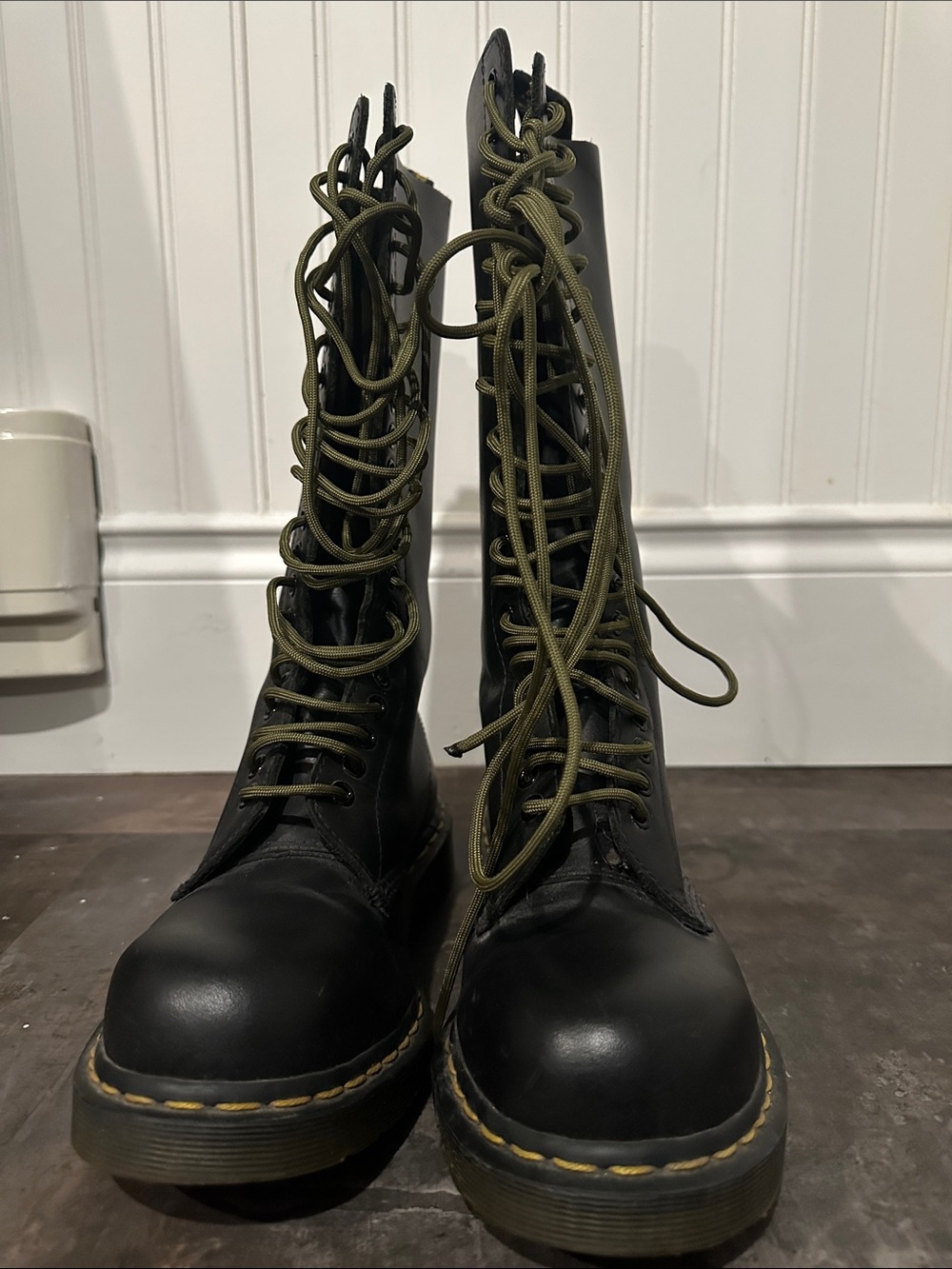 Dr. Martens Black Leather Combat Boots with Olive Laces